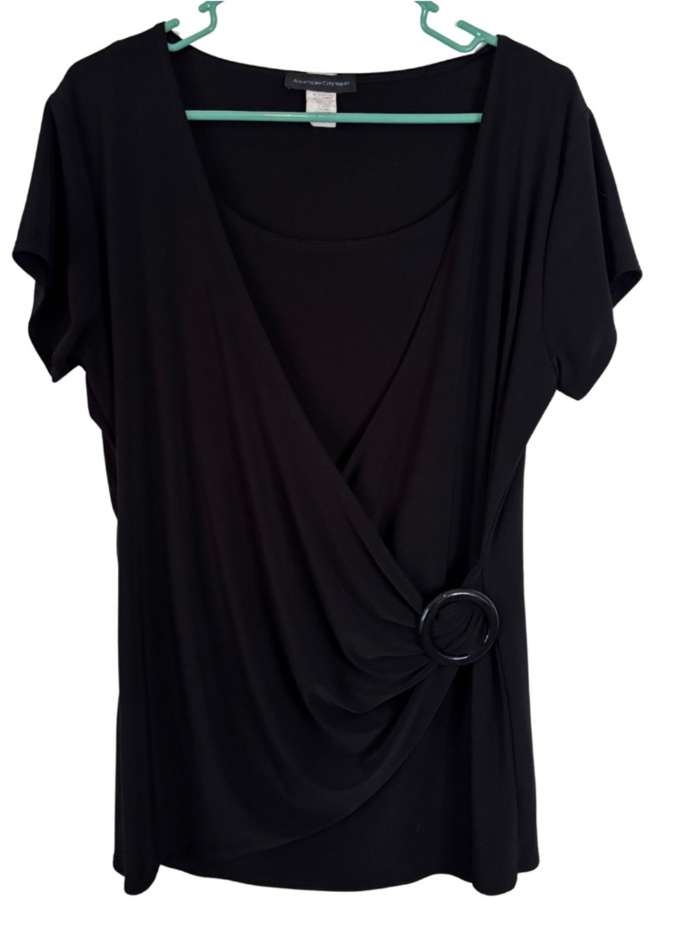 3/$20 American City Wear Black Faux-Wrap Top with Ring Detail